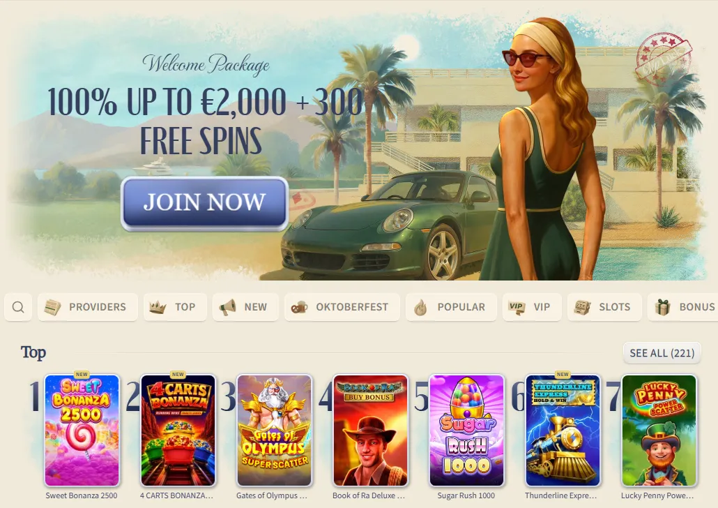 Homepage di VipLuck Casino con il pacchetto di benvenuto e la classifica delle slot