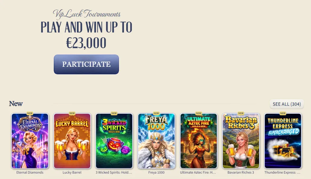 Sezione tornei di VipLuck con montepremi fino a 23.000 euro e fila di nuove slot